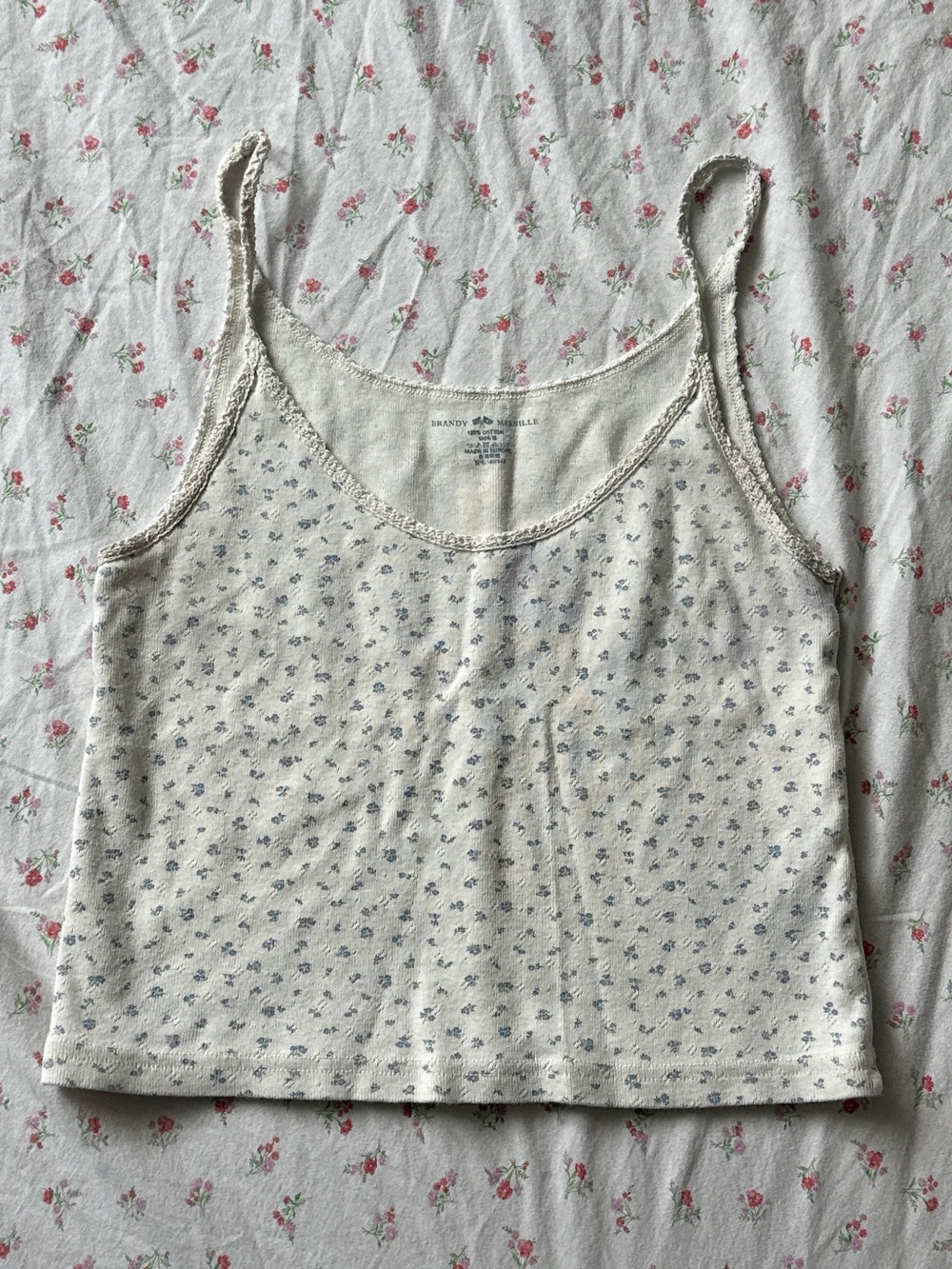 Brandy Melville Cream Tank Top with Tiny Blue Floral Print